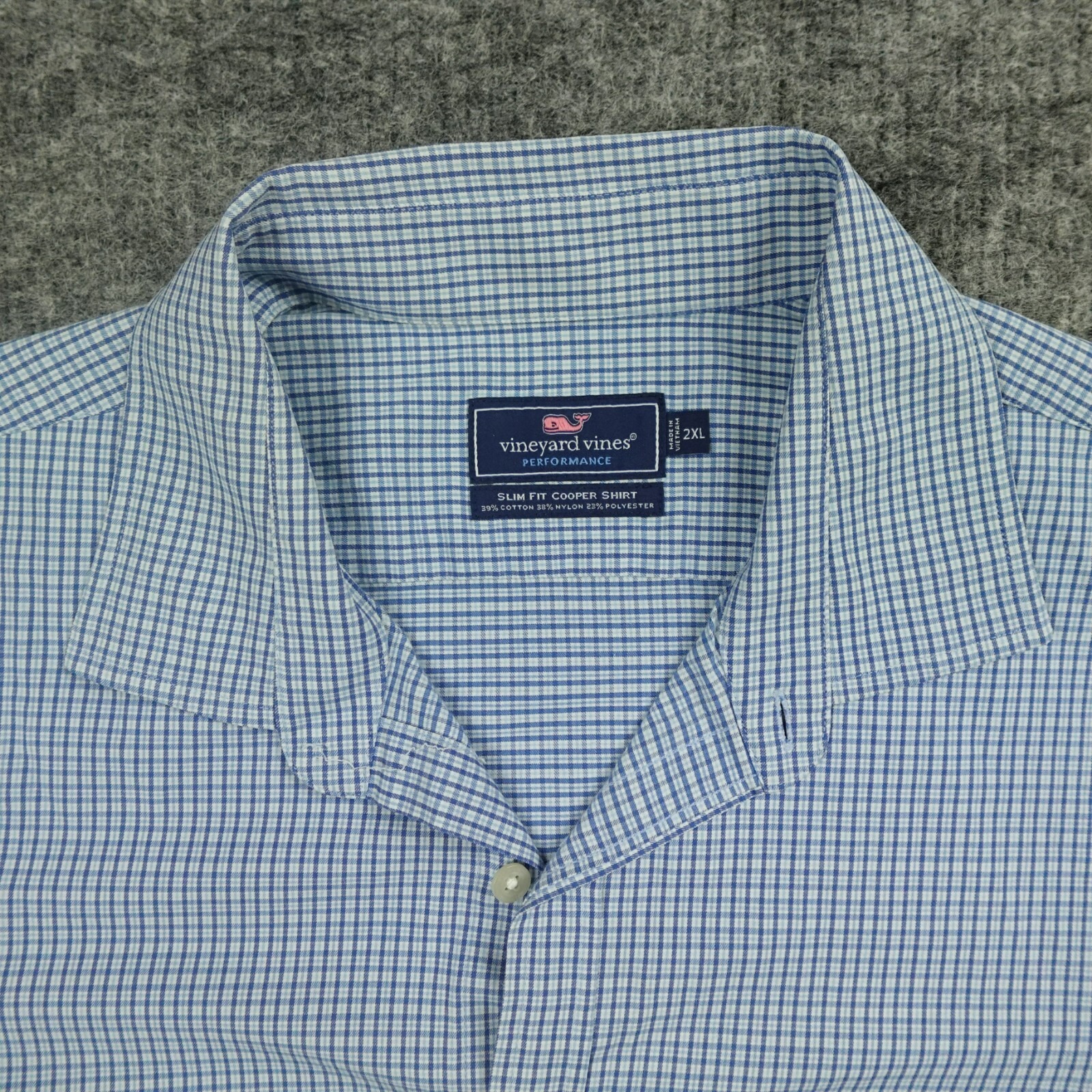 Vineyard Vines Performance Shirt Mens 2xl Blue Plaid Slim Fit Cooper Stretch